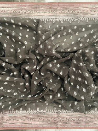 Banarasi Pure Chiffon Saree | Gray | Handwoven | Ships from California